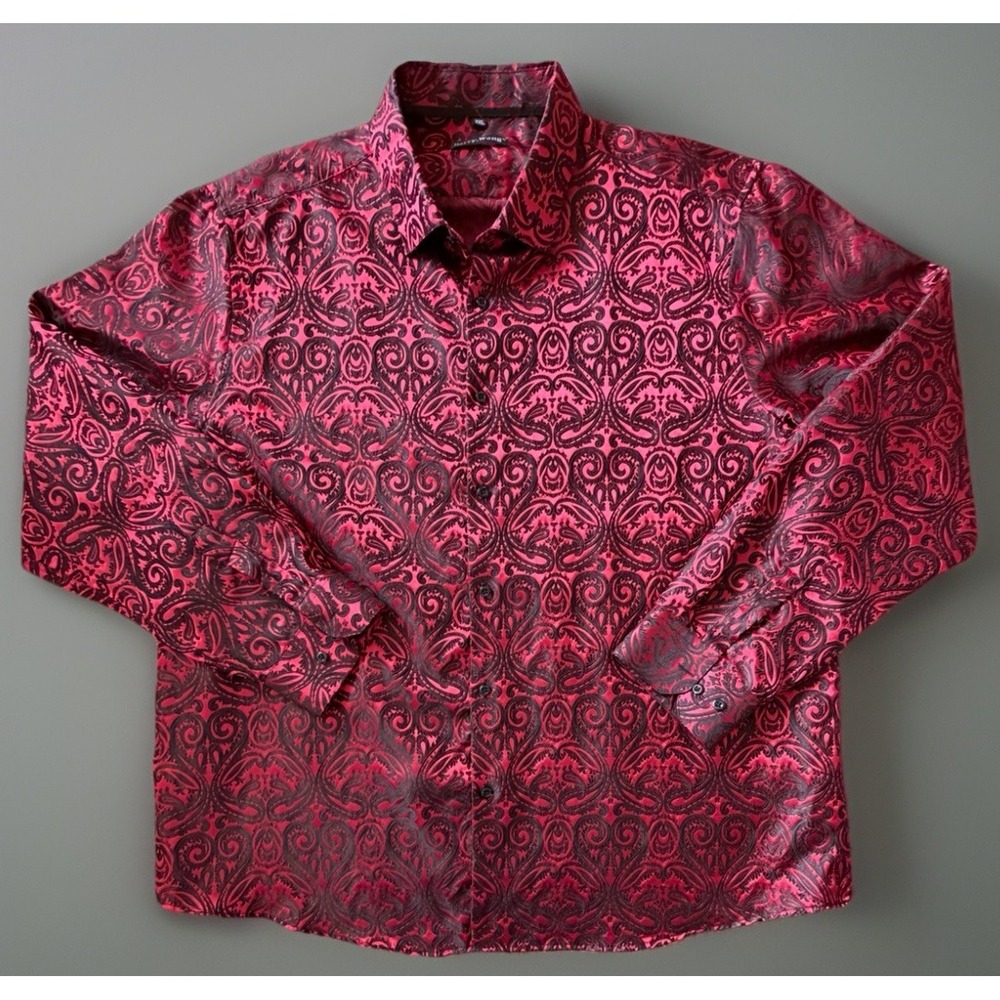 Barry Wang Long Sleeve Button Down Shirt Red Black Paisley Silk XXL JBHS